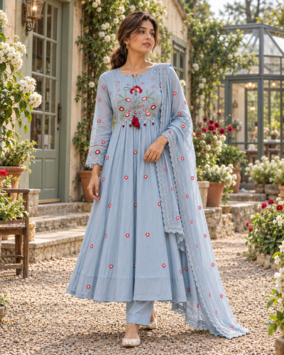 AABHERI Powder Blue Floral Embroidered Anarkali Kurta Set with Dupatta