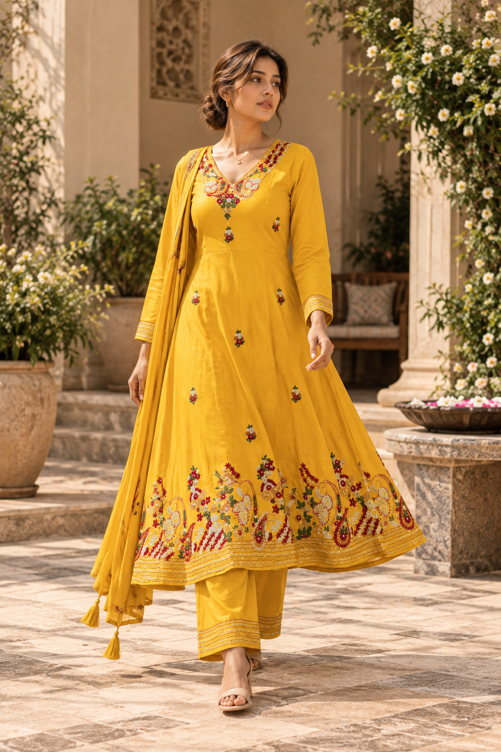AMALTAS Mustard Yellow Embroidered Anarkali Kurta Set with Dupatta - Image 5