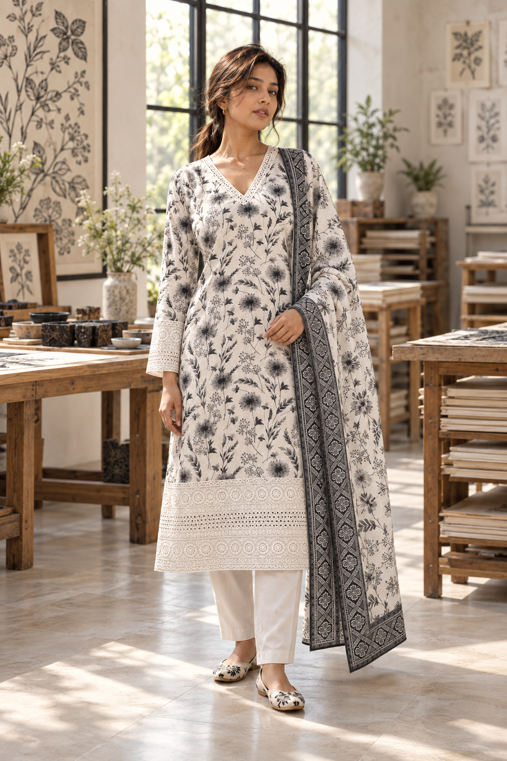 CHHAYAVAN White & Black Floral Printed Kurta Pant Set with Dupatta for Women - Image 10