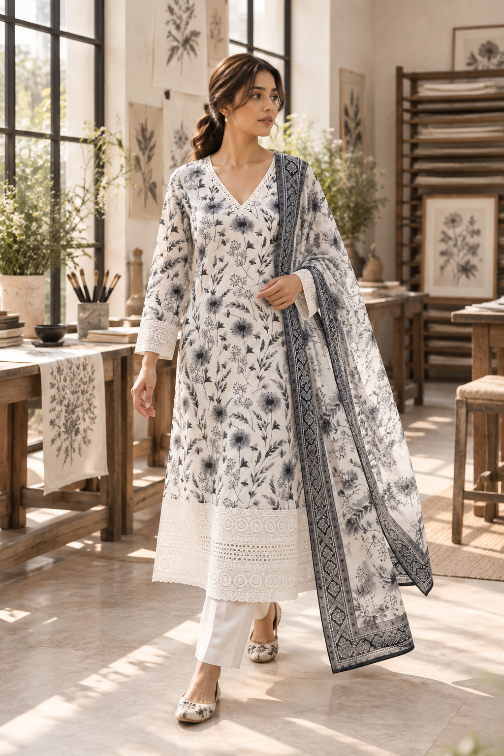CHHAYAVAN White & Black Floral Printed Kurta Pant Set with Dupatta for Women - Image 2