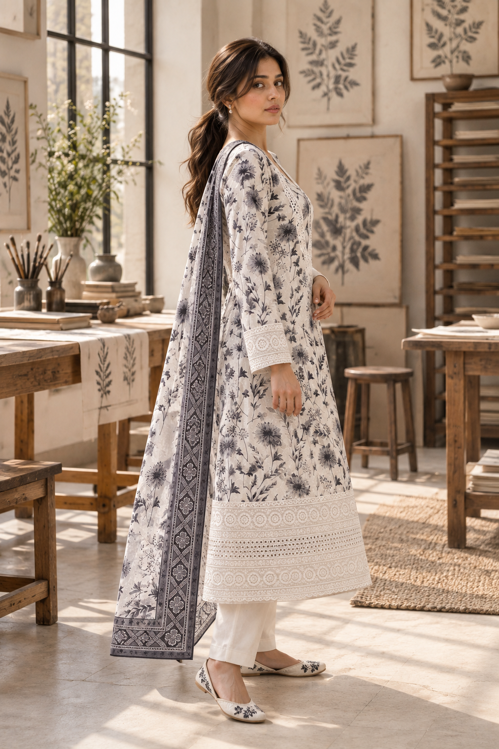 CHHAYAVAN White & Black Floral Printed Kurta Pant Set with Dupatta for Women - Image 4
