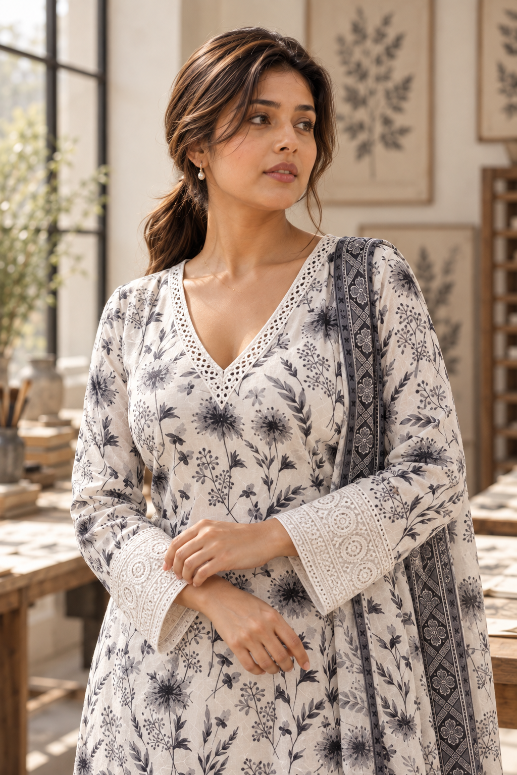 CHHAYAVAN White & Black Floral Printed Kurta Pant Set with Dupatta for Women - Image 5