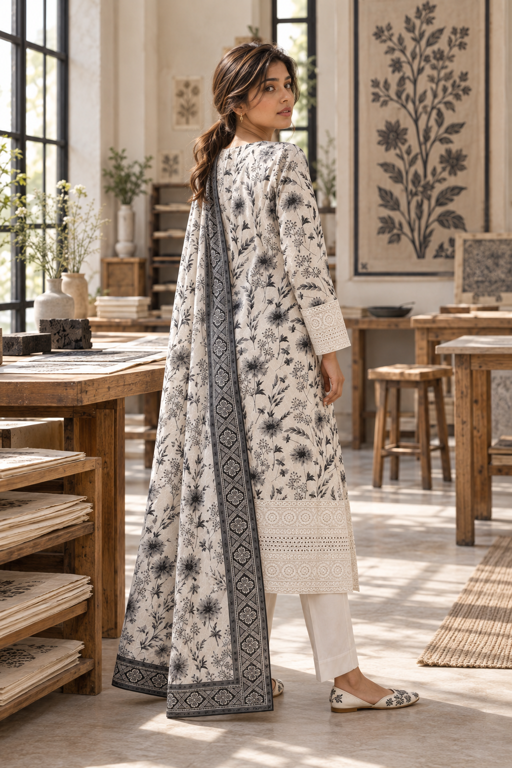 CHHAYAVAN White & Black Floral Printed Kurta Pant Set with Dupatta for Women - Image 9