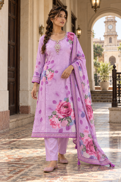 GULABIKA Lavender Floral Printed Kurta Pant Set with Dupatta for Women