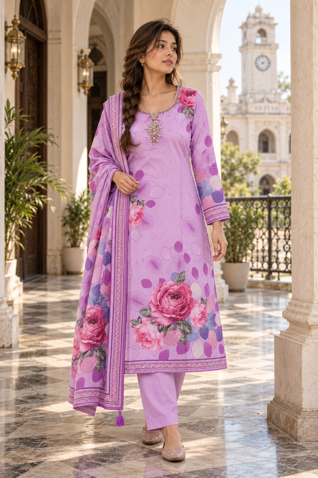 GULABIKA Lavender Floral Printed Kurta Pant Set with Dupatta for Women - Image 10