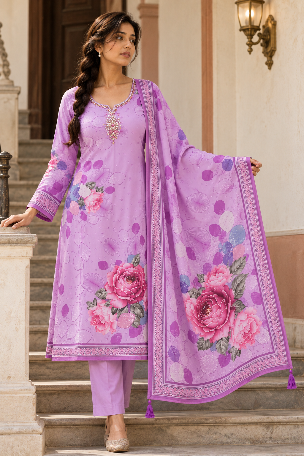 GULABIKA Lavender Floral Printed Kurta Pant Set with Dupatta for Women - Image 5
