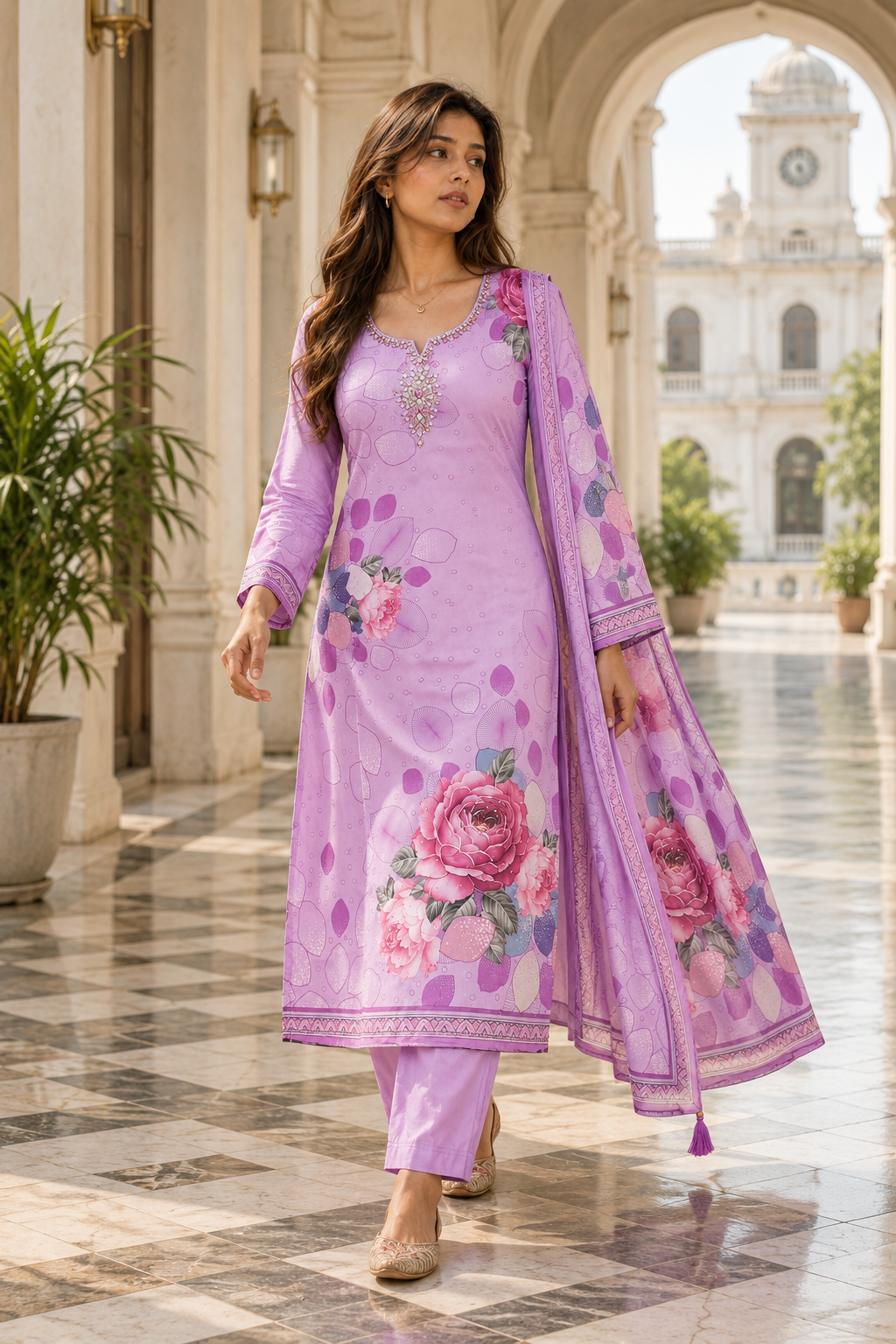 GULABIKA Lavender Floral Printed Kurta Pant Set with Dupatta for Women - Image 7