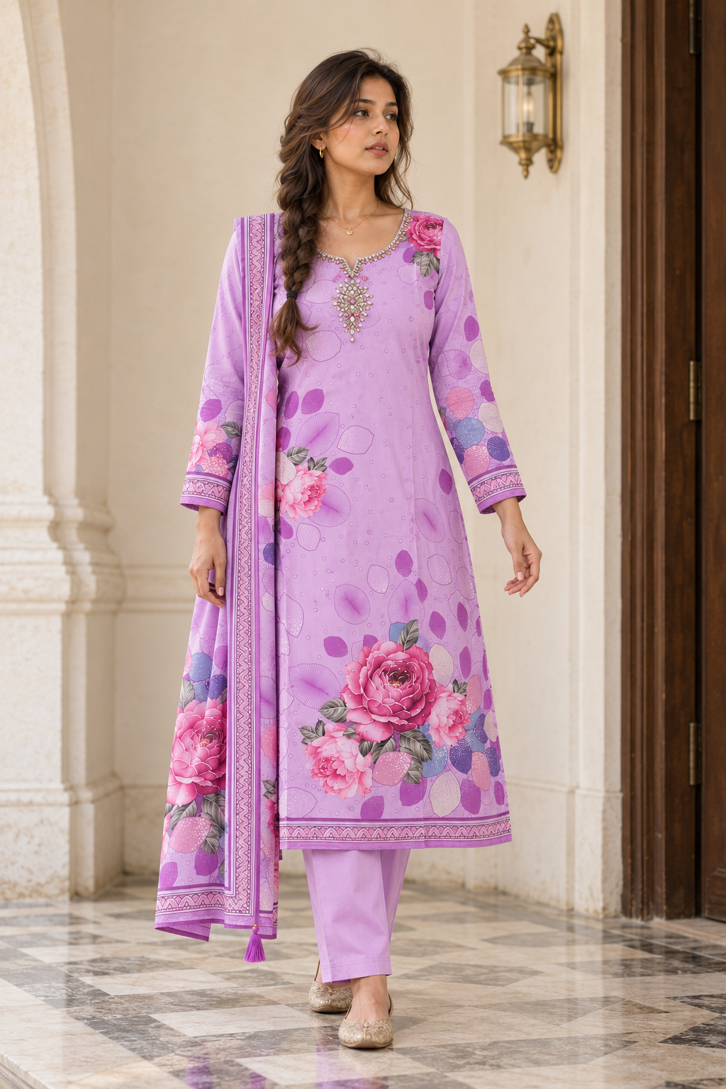 GULABIKA Lavender Floral Printed Kurta Pant Set with Dupatta for Women - Image 9