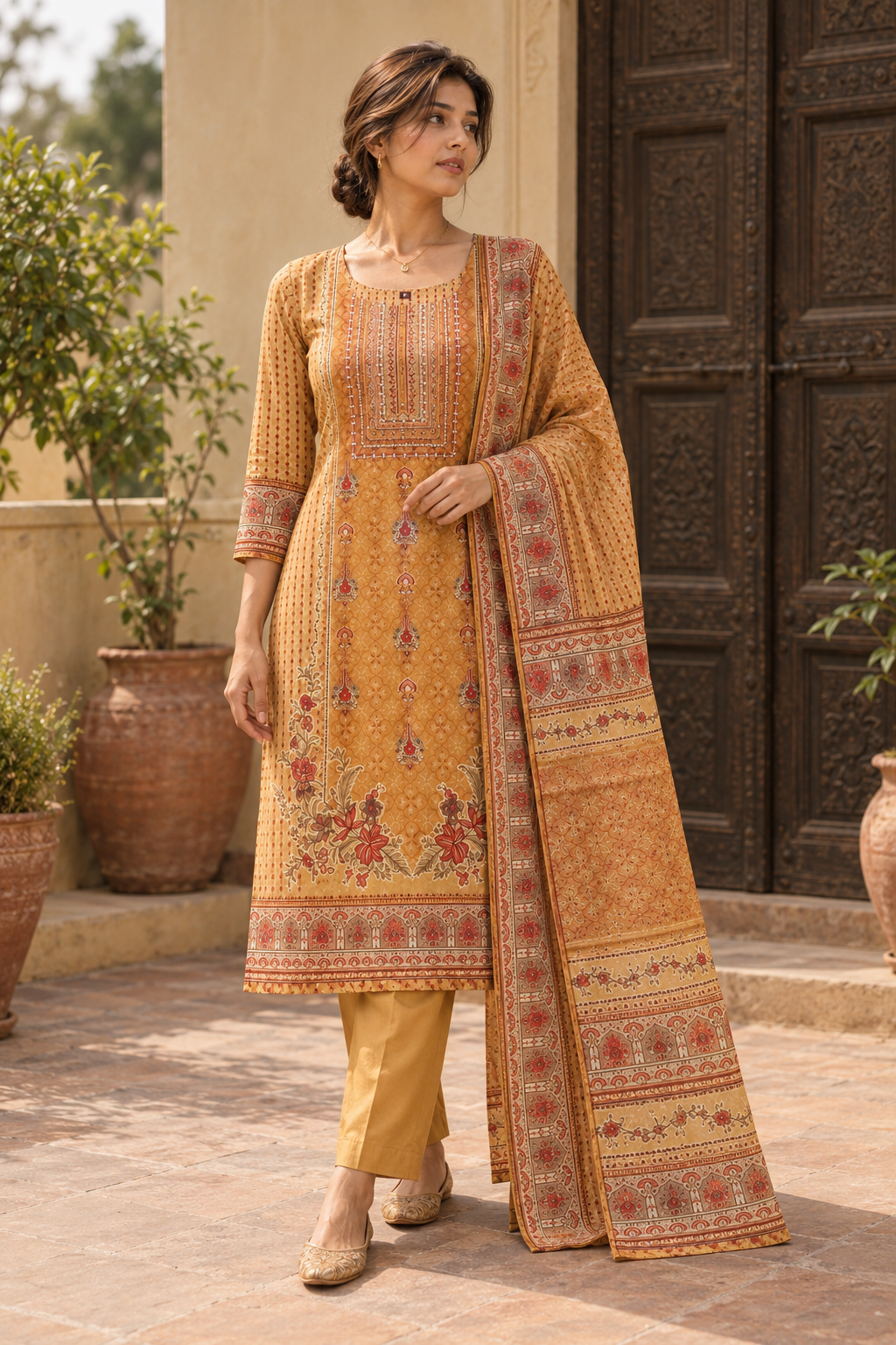 KANAKDHARA Mustard Gold Printed Kurta Pant Set with Dupatta for Women - Image 1