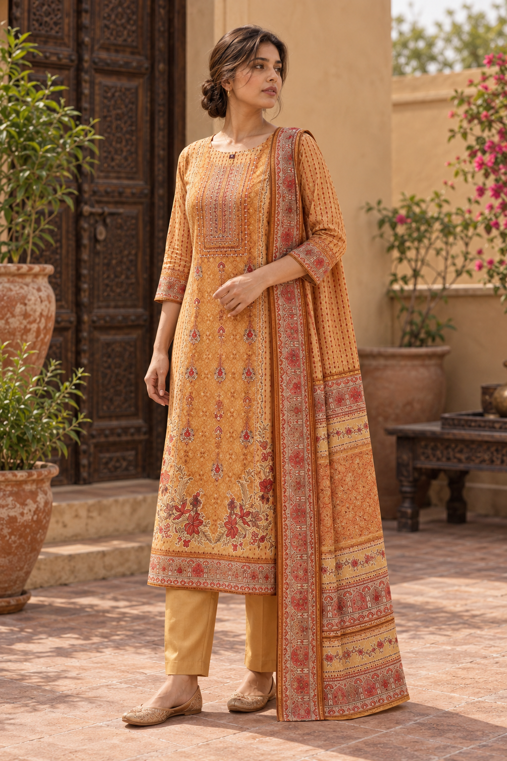 KANAKDHARA Mustard Gold Printed Kurta Pant Set with Dupatta for Women - Image 4