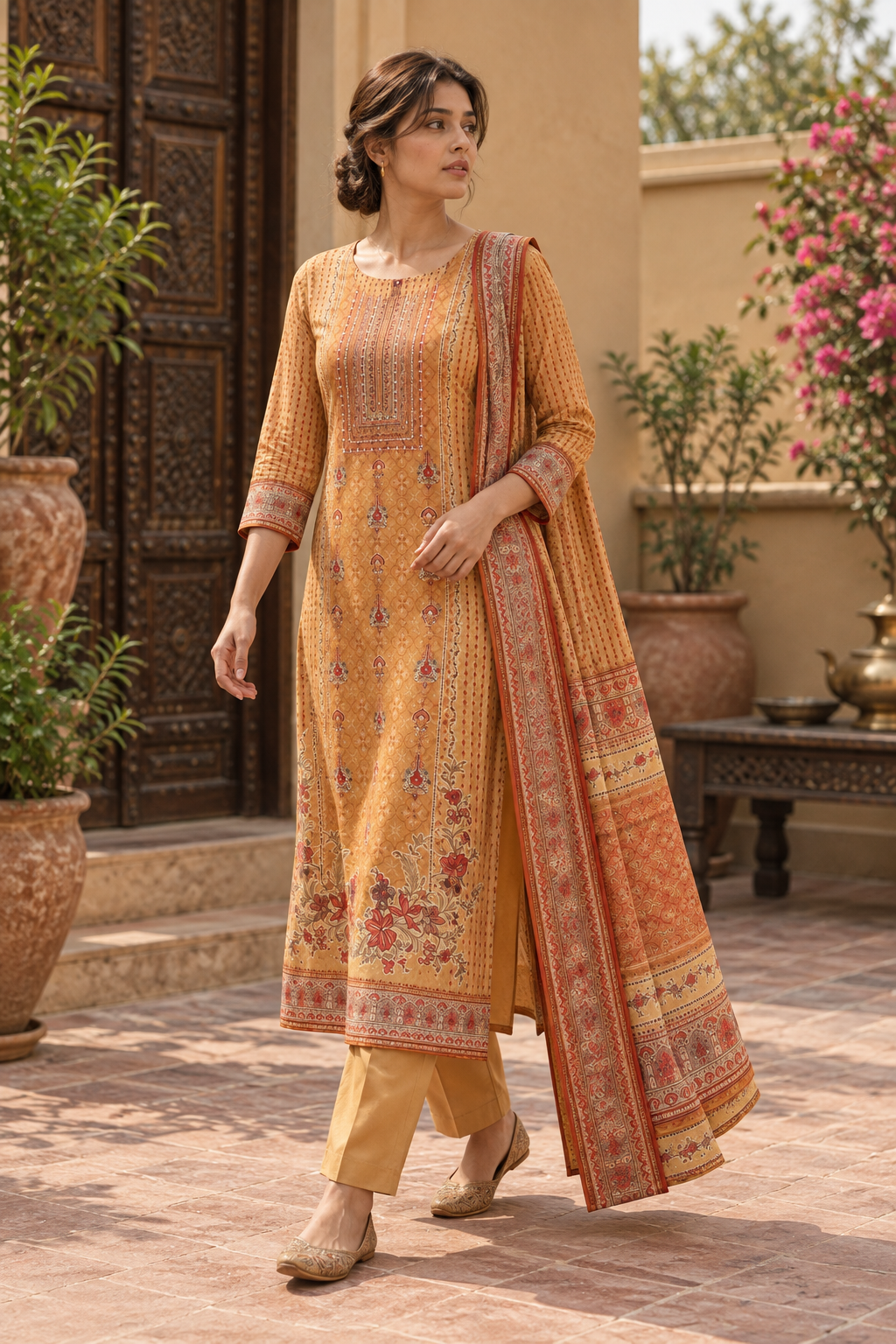 KANAKDHARA Mustard Gold Printed Kurta Pant Set with Dupatta for Women - Image 5