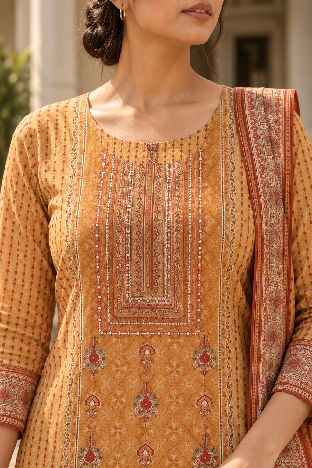 KANAKDHARA Mustard Gold Printed Kurta Pant Set with Dupatta for Women - Image 6