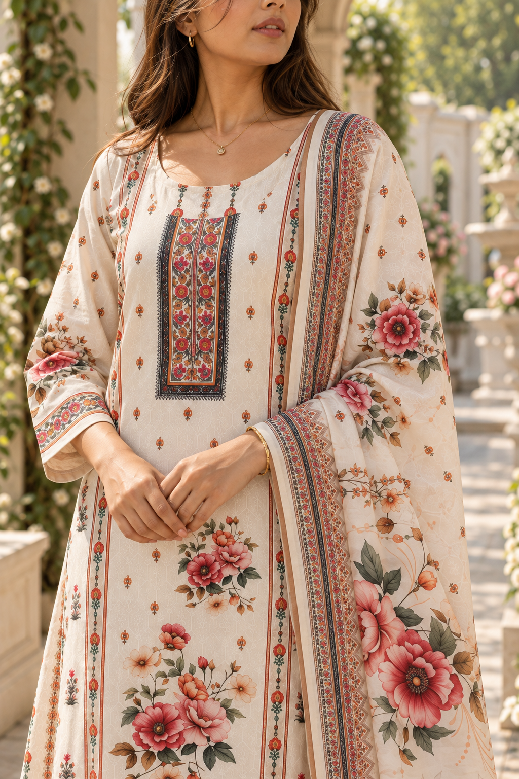 KUSUMANGAN Ivory Floral Printed Kurta Pant Set with Dupatta for Women - Image 10