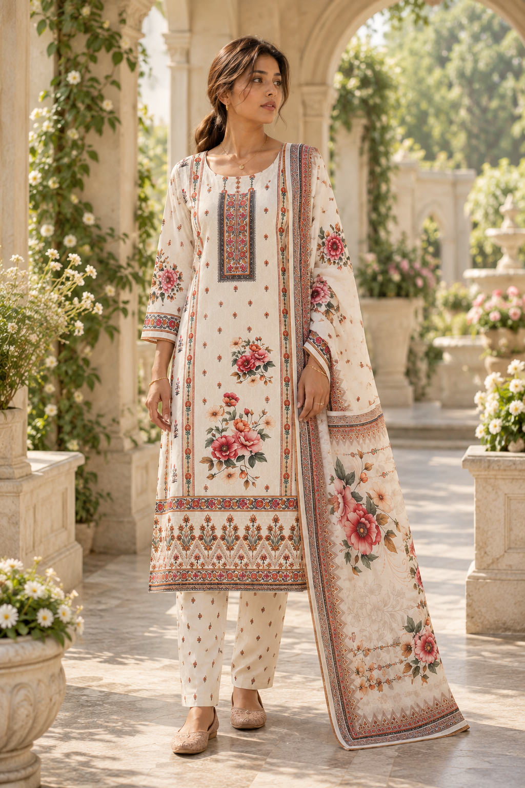 KUSUMANGAN Ivory Floral Printed Kurta Pant Set with Dupatta for Women - Image 2