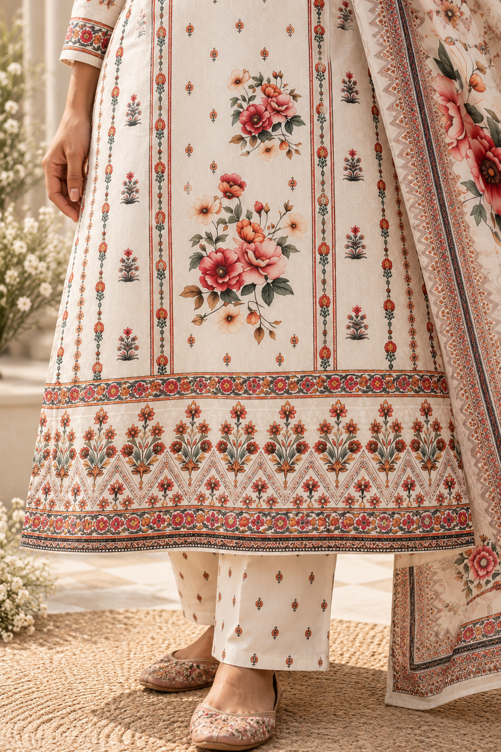 KUSUMANGAN Ivory Floral Printed Kurta Pant Set with Dupatta for Women - Image 7