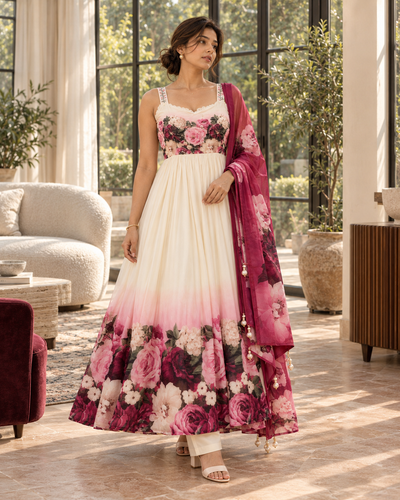 KUSUMIRA Ivory & Wine Floral Anarkali Kurta Set with Dupatta for Women