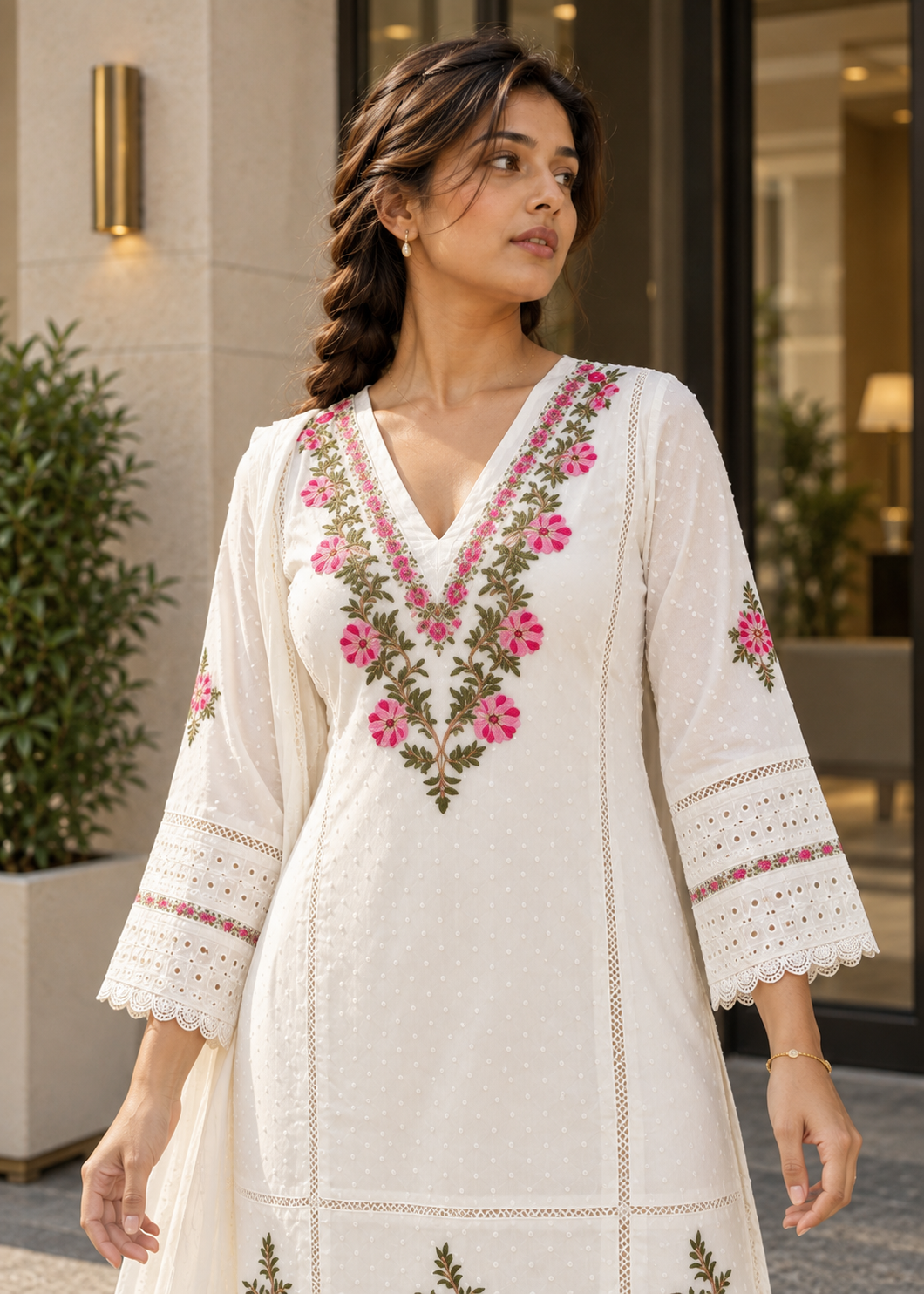 KUSUMJAALI Ivory Pink Floral Embroidered Eyelet Kurta Pant Set with Dupatta for Women - Image 5