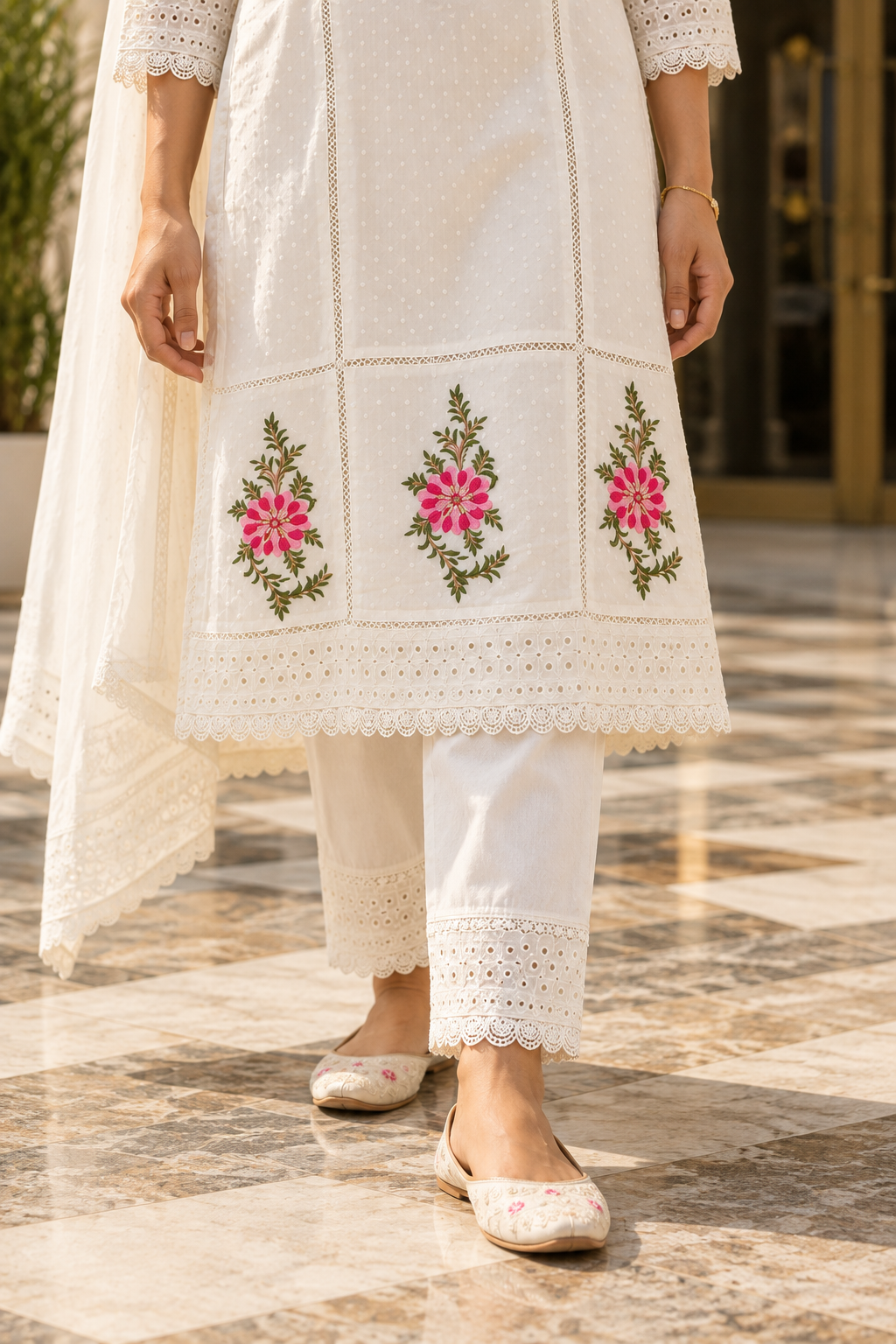 KUSUMJAALI Ivory Pink Floral Embroidered Eyelet Kurta Pant Set with Dupatta for Women - Image 7