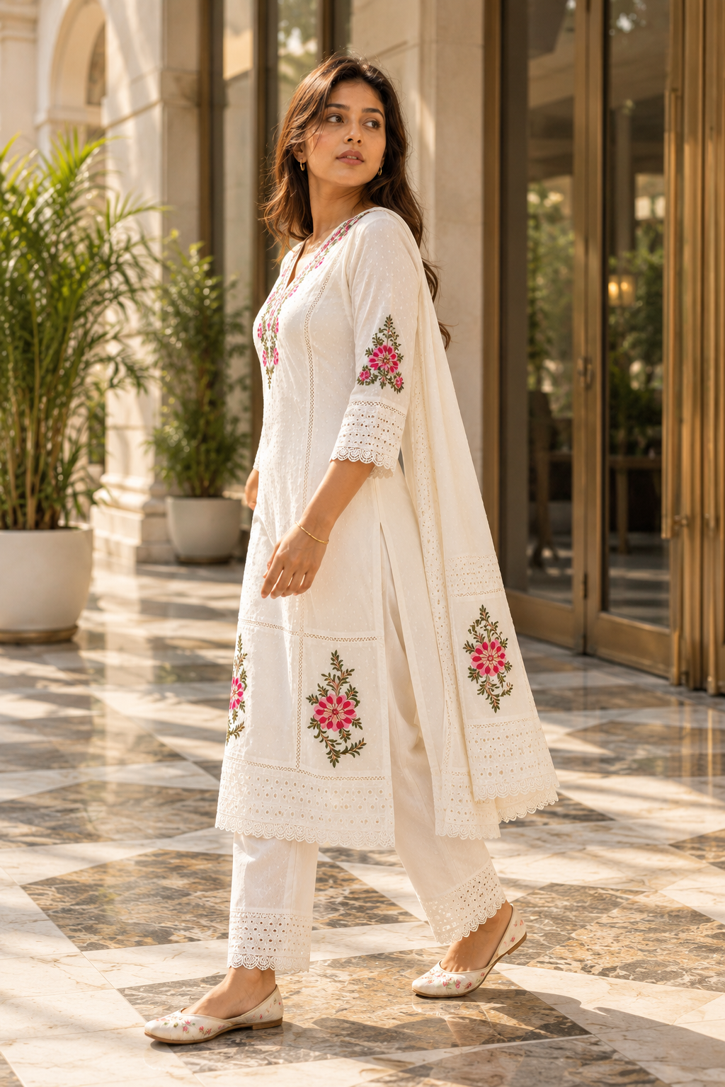 KUSUMJAALI Ivory Pink Floral Embroidered Eyelet Kurta Pant Set with Dupatta for Women - Image 9