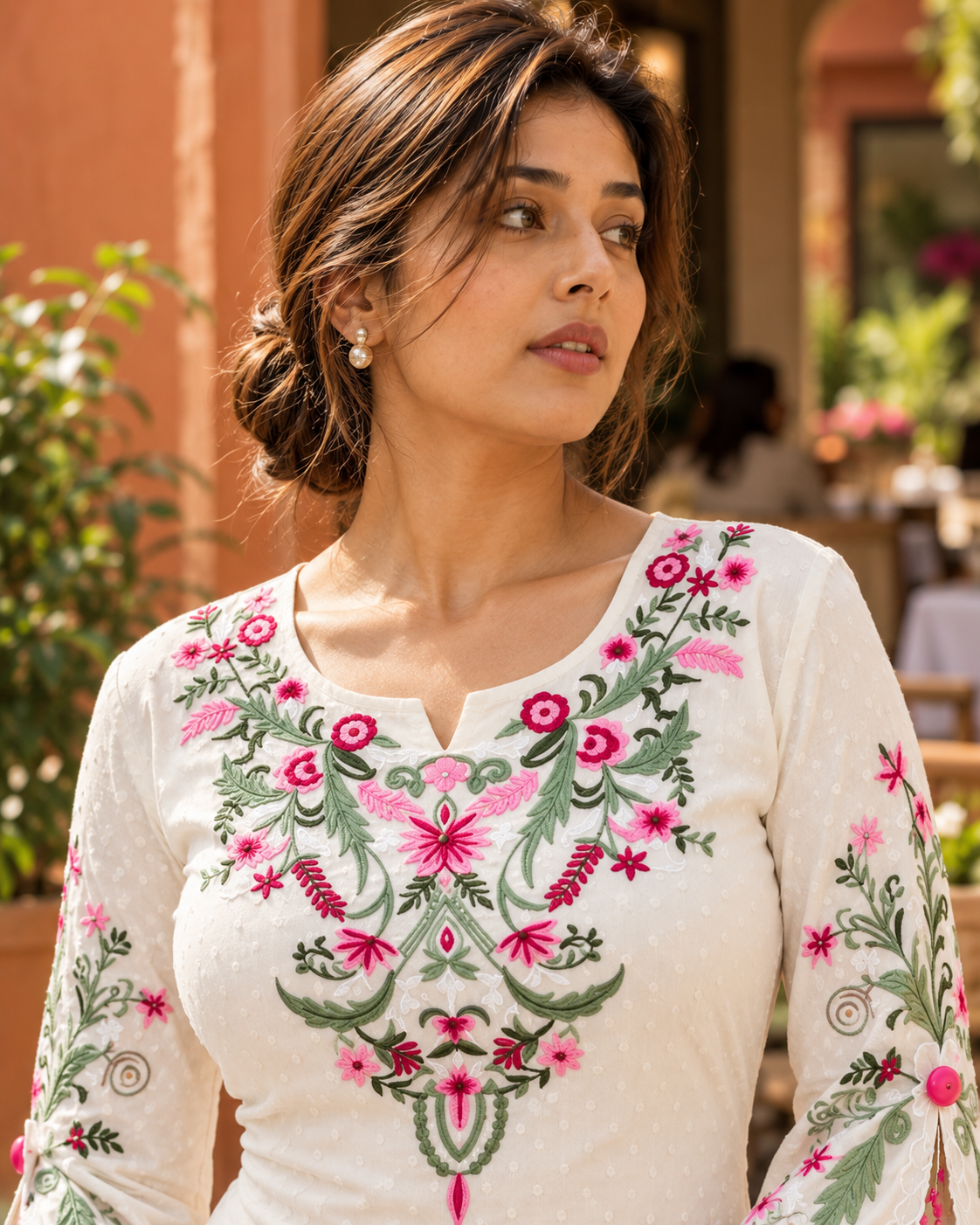 KUSUMJHUMKI Ivory Pink Floral Embroidered Kurta Pant Set with Bell Sleeves for Women - Image 4