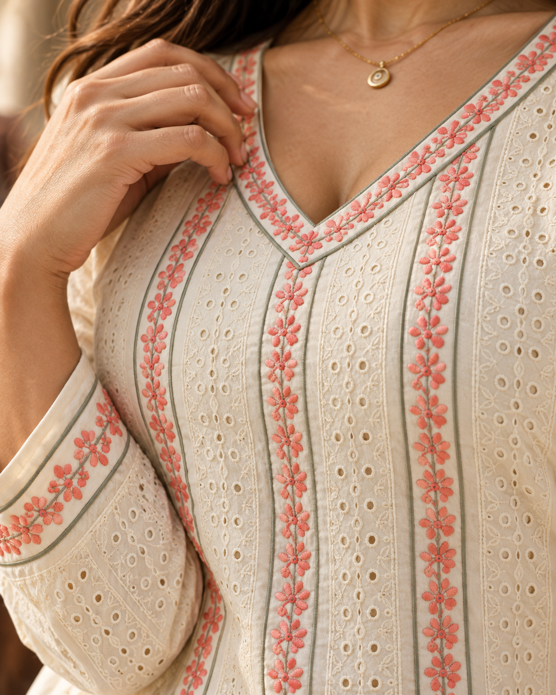 KUSUMREKHA Ivory Pink Floral Embroidered Eyelet Kurta Pant Set for Women - Image 10