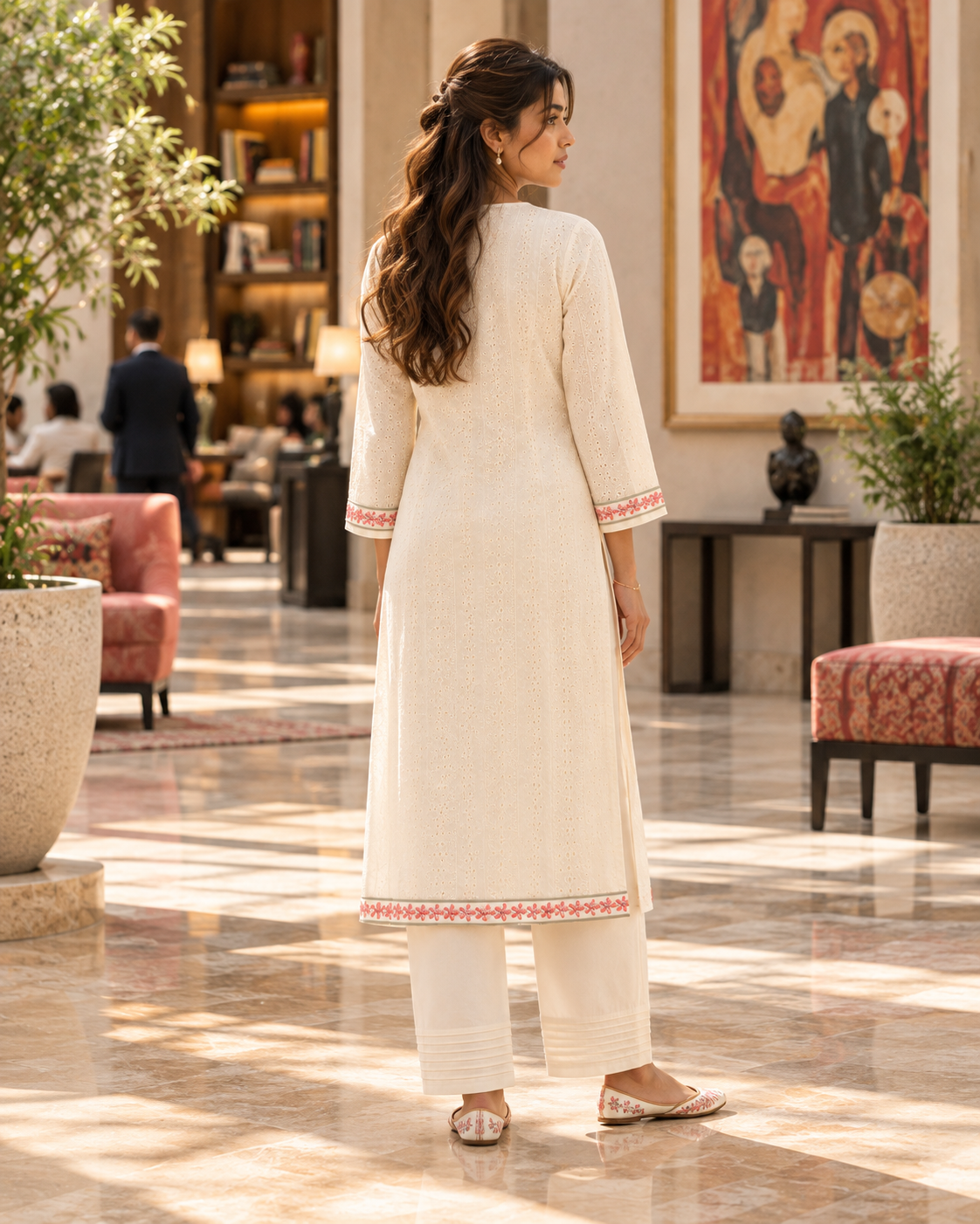 KUSUMREKHA Ivory Pink Floral Embroidered Eyelet Kurta Pant Set for Women - Image 3
