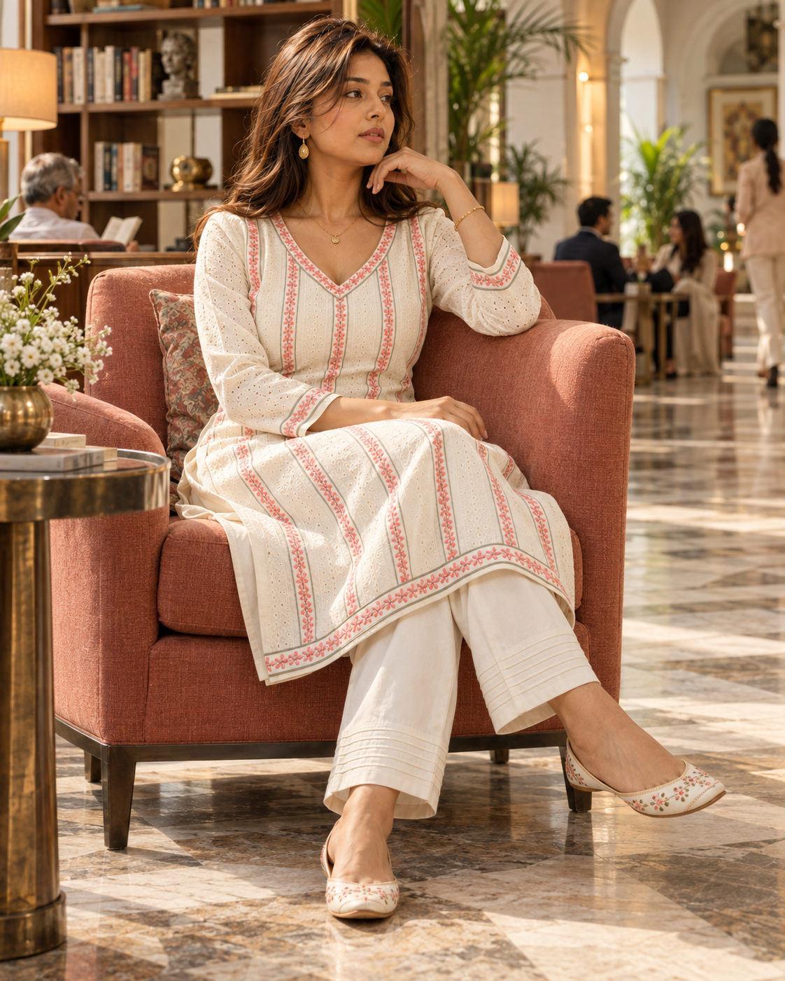 KUSUMREKHA Ivory Pink Floral Embroidered Eyelet Kurta Pant Set for Women - Image 9