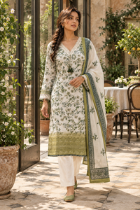KUSUMVAN Ivory & Olive Green Floral Kurta Pant Set with Dupatta for Women