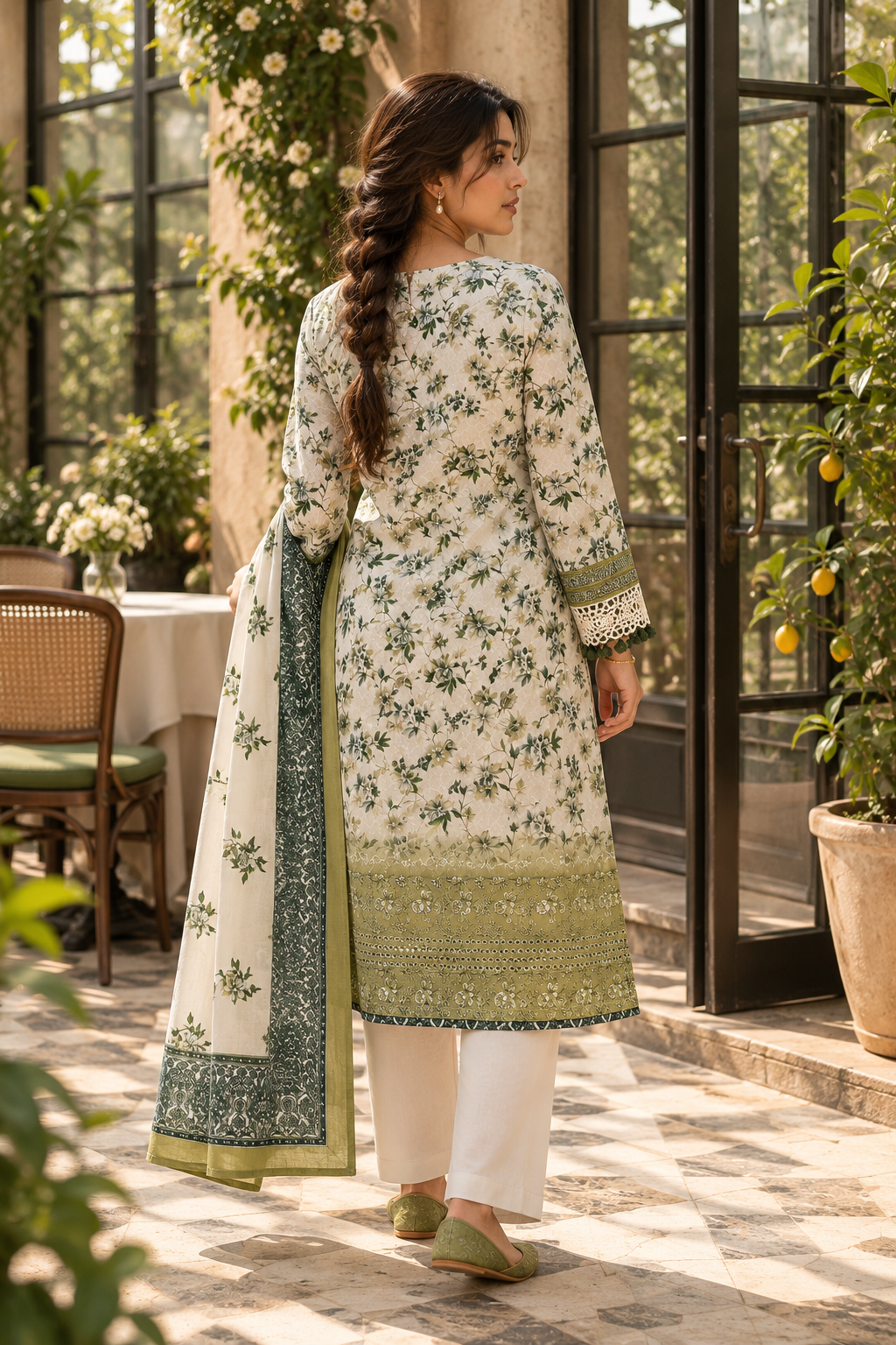 KUSUMVAN Ivory & Olive Green Floral Kurta Pant Set with Dupatta for Women - Image 3
