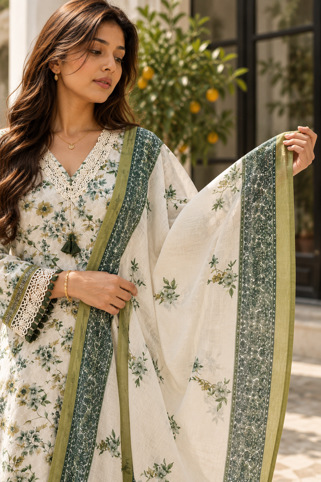 KUSUMVAN Ivory & Olive Green Floral Kurta Pant Set with Dupatta for Women - Image 8