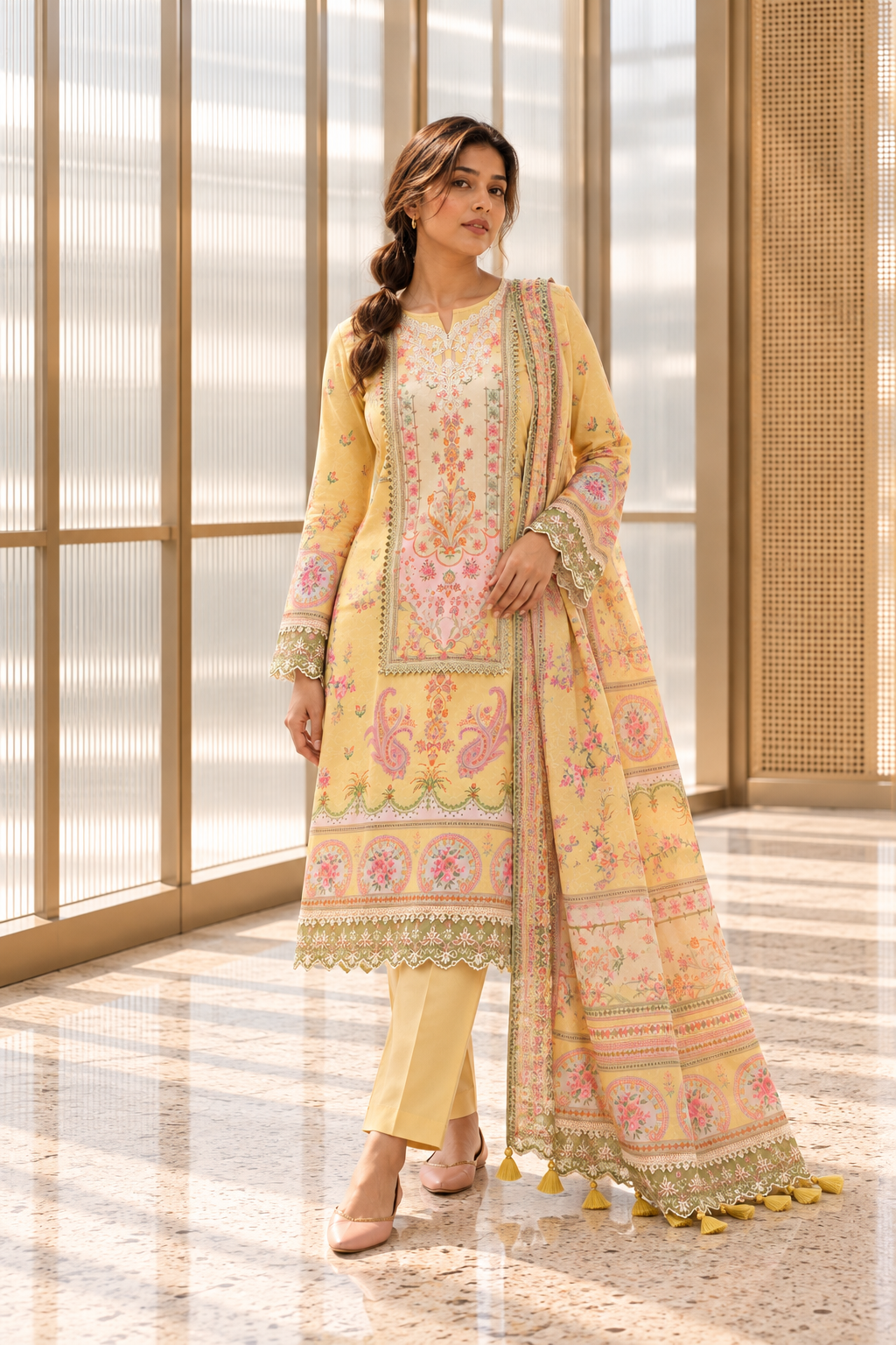 MADHUBELA Pastel Yellow Floral Kurta Pant Set with Dupatta for Women - Image 10
