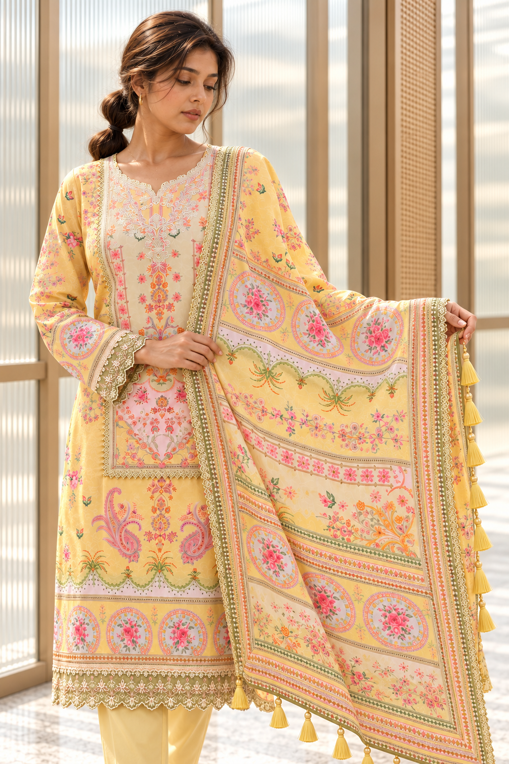 MADHUBELA Pastel Yellow Floral Kurta Pant Set with Dupatta for Women - Image 3