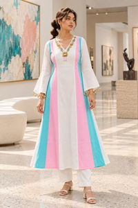 MUKTARANG White A-Line Kurta Pant Set with Pink & Aqua Panels for Women