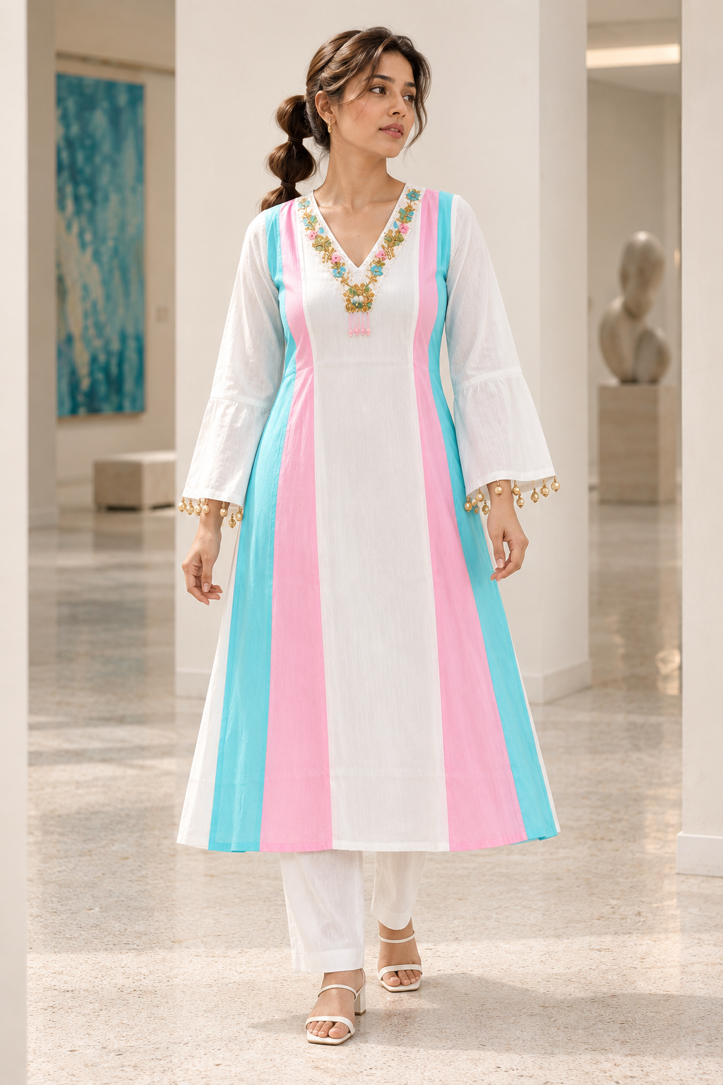 MUKTARANG White A-Line Kurta Pant Set with Pink & Aqua Panels for Women - Image 4