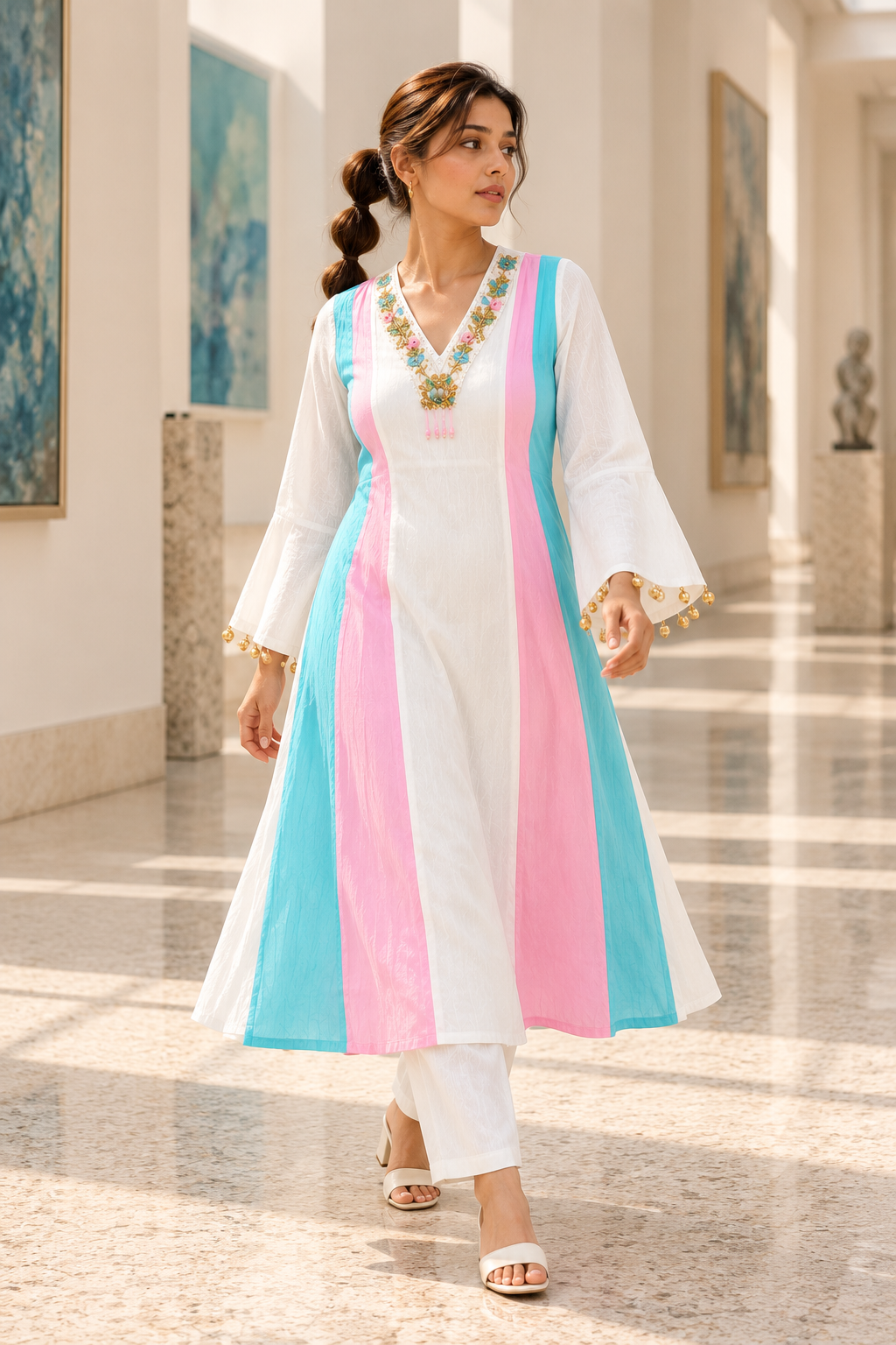 MUKTARANG White A-Line Kurta Pant Set with Pink & Aqua Panels for Women - Image 6