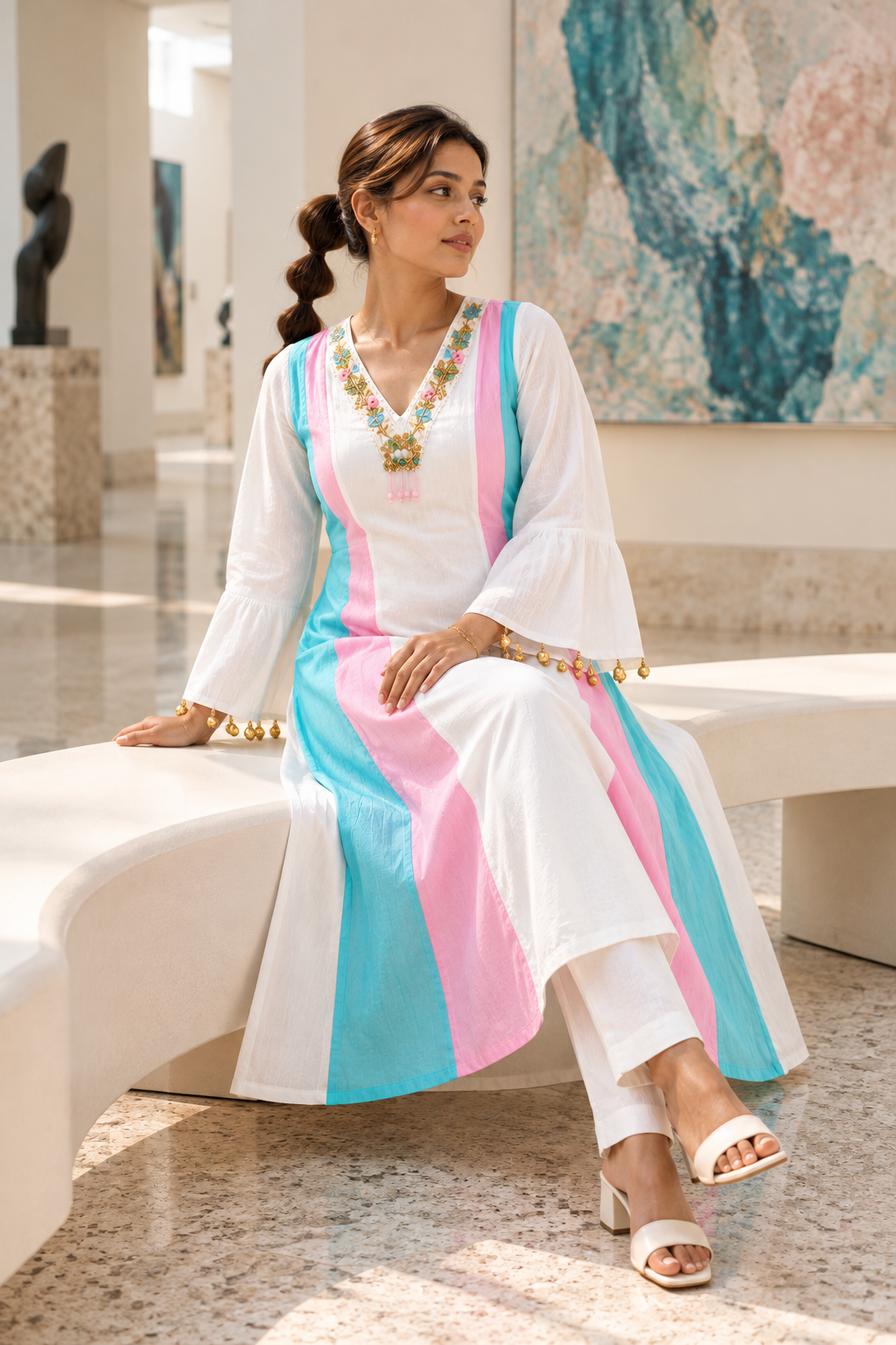 MUKTARANG White A-Line Kurta Pant Set with Pink & Aqua Panels for Women - Image 7