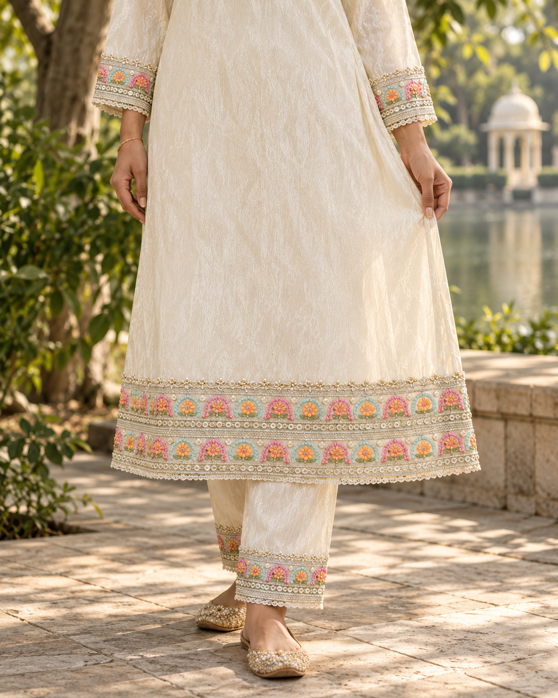 MUKTAVALI Ivory Embroidered A-Line Kurta Pant Set for Women - Image 6