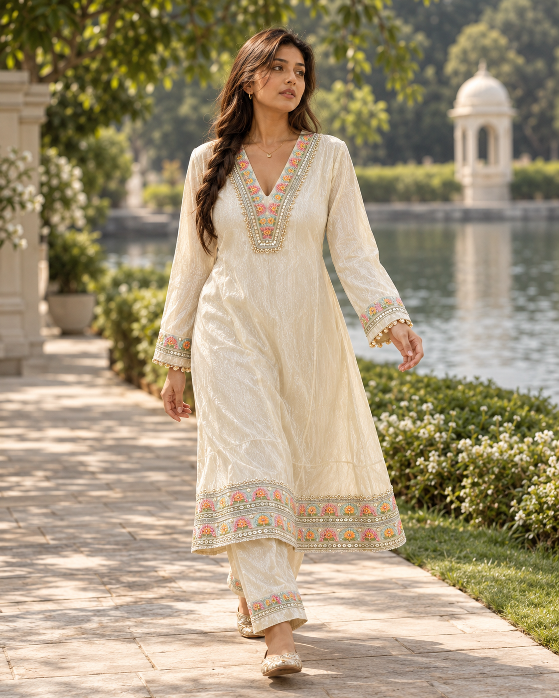 MUKTAVALI Ivory Embroidered A-Line Kurta Pant Set for Women - Image 9