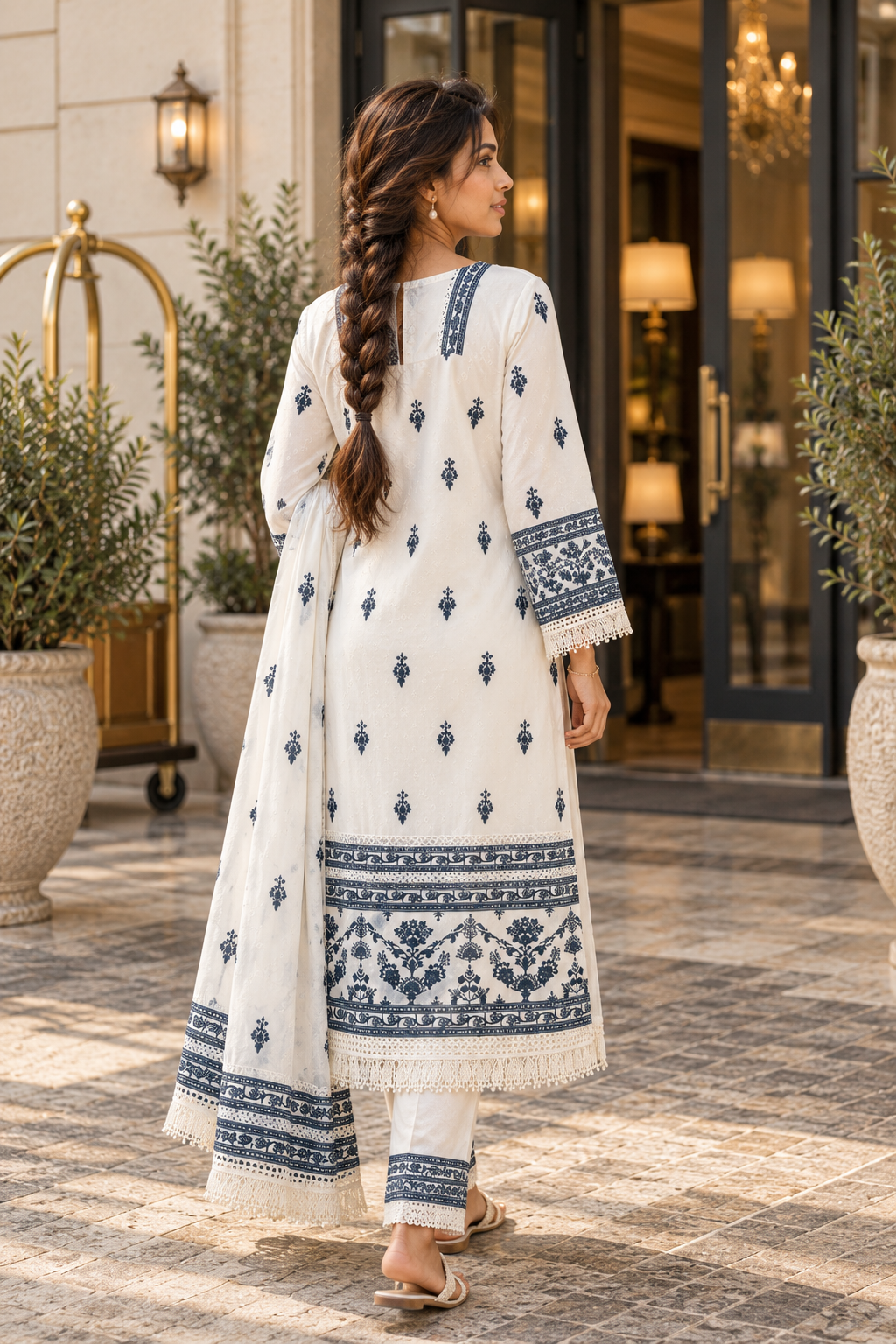 NEELANKITA Ivory & Indigo Blue Embroidered Kurta Pant Set with Dupatta for Women - Image 4