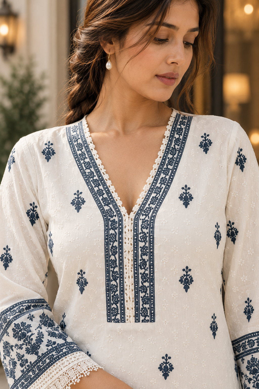 NEELANKITA Ivory & Indigo Blue Embroidered Kurta Pant Set with Dupatta for Women - Image 5