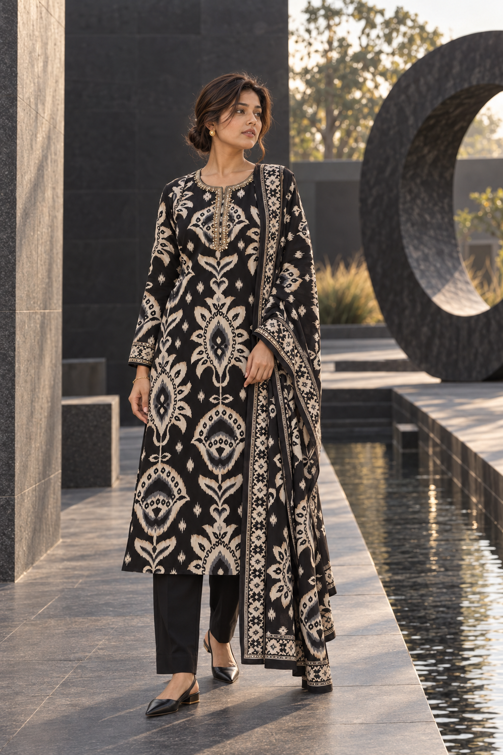 NISHAKALA Black Ikat Print Kurta Pant Set with Dupatta for Women - Image 10