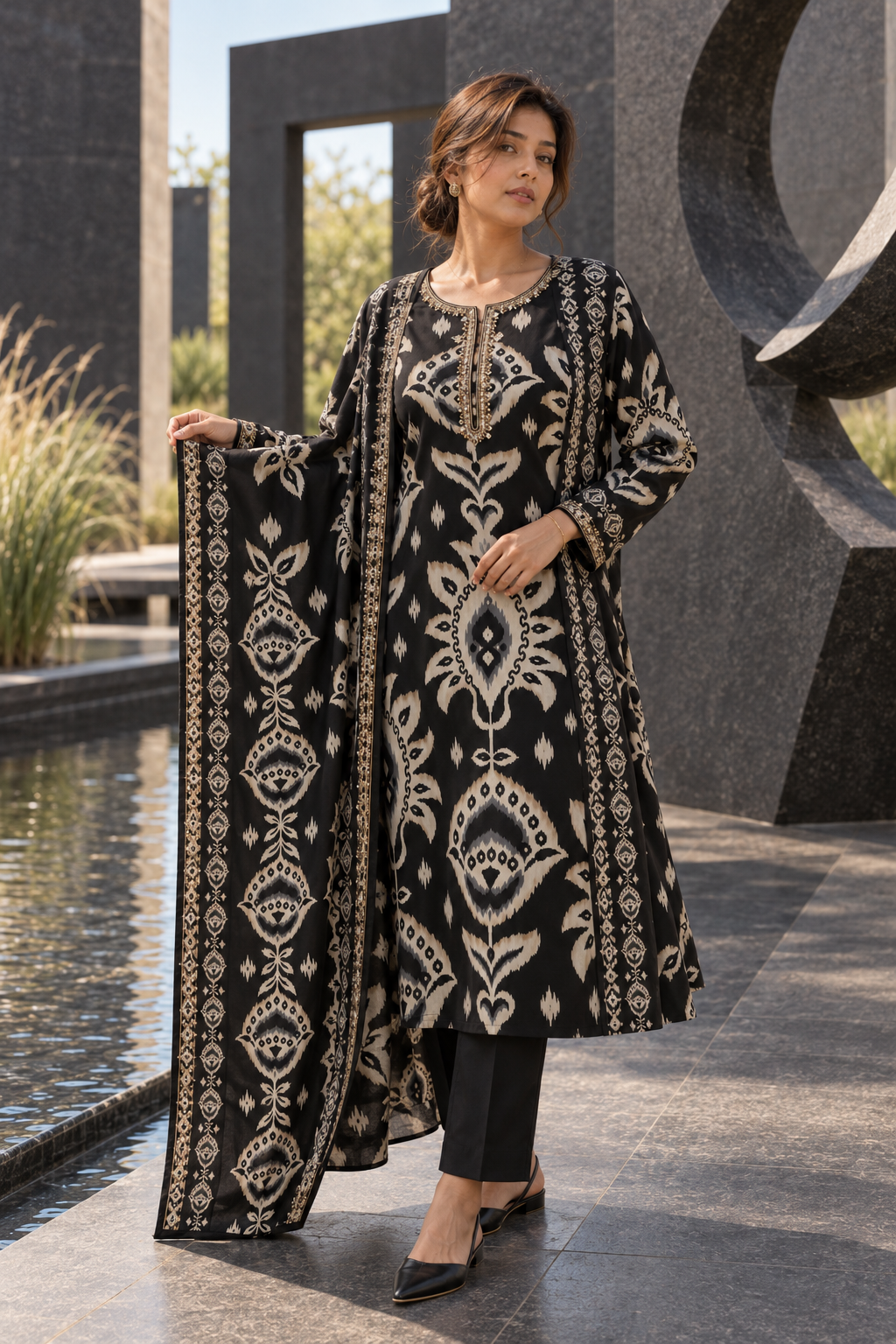 NISHAKALA Black Ikat Print Kurta Pant Set with Dupatta for Women - Image 3