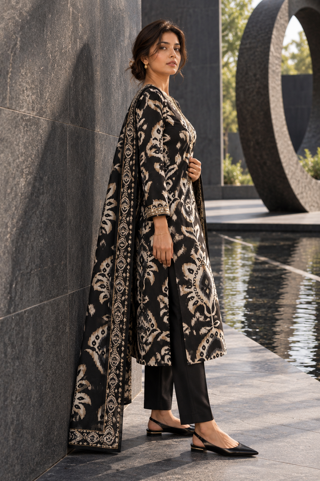 NISHAKALA Black Ikat Print Kurta Pant Set with Dupatta for Women - Image 6