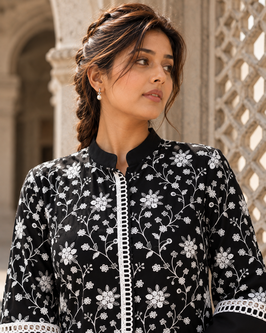 NISHIPUSHP Black & White Floral Embroidered Kurta Pant Set for Women - Image 4