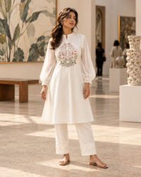 PUSHPJAAL Ivory Floral Embroidered Balloon Sleeve Kurta Pant Set for Women