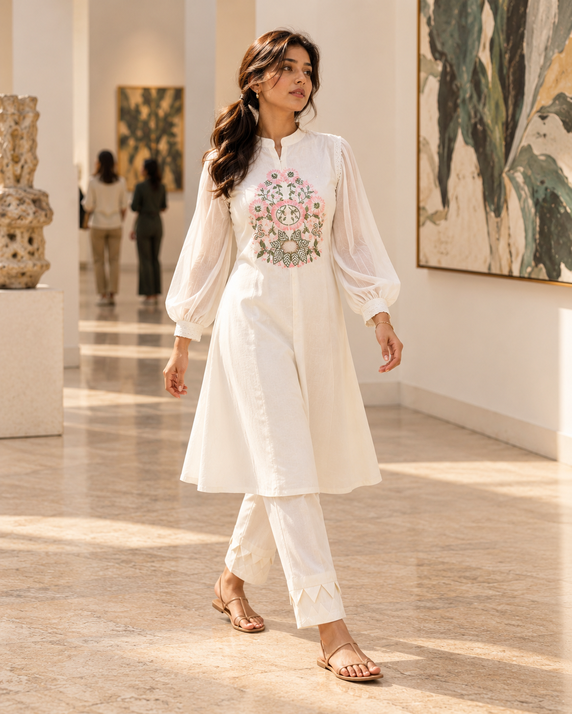 PUSHPJAAL Ivory Floral Embroidered Balloon Sleeve Kurta Pant Set for Women - Image 2