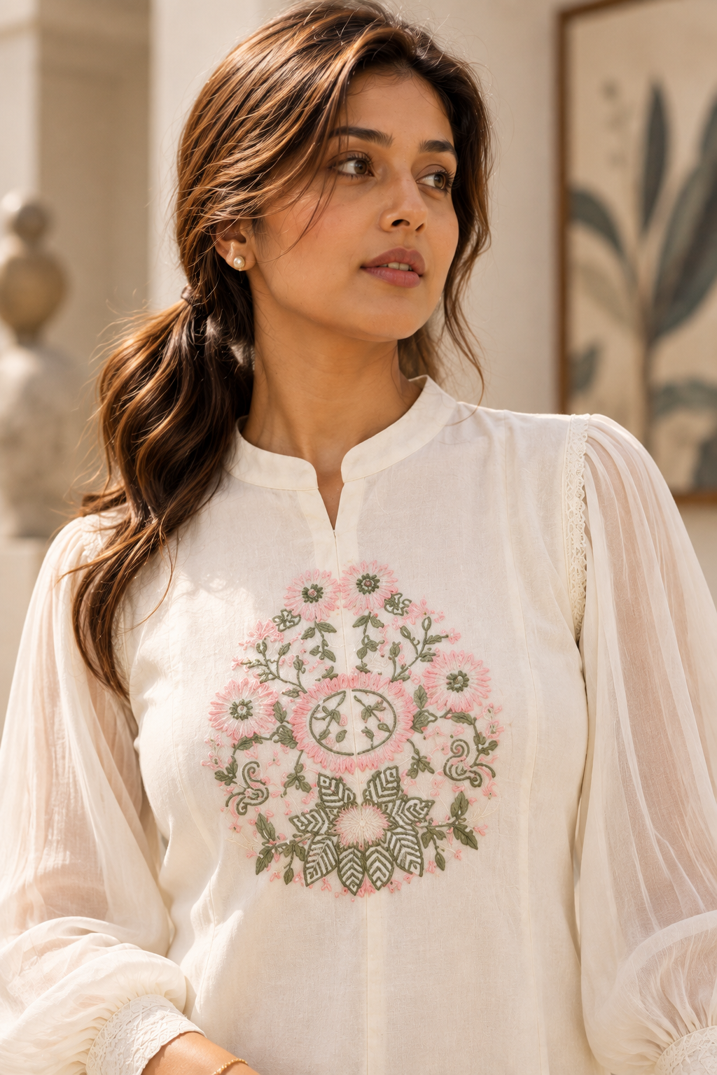 PUSHPJAAL Ivory Floral Embroidered Balloon Sleeve Kurta Pant Set for Women - Image 4