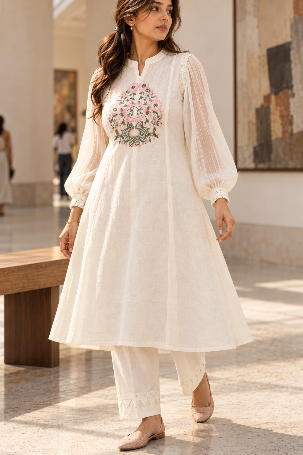 PUSHPJAAL Ivory Floral Embroidered Balloon Sleeve Kurta Pant Set for Women - Image 6