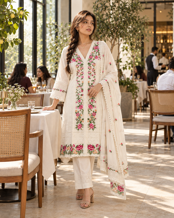 PUSHPJAALI Ivory Floral Embroidered Eyelet Kurta Pant Set with Dupatta for Women