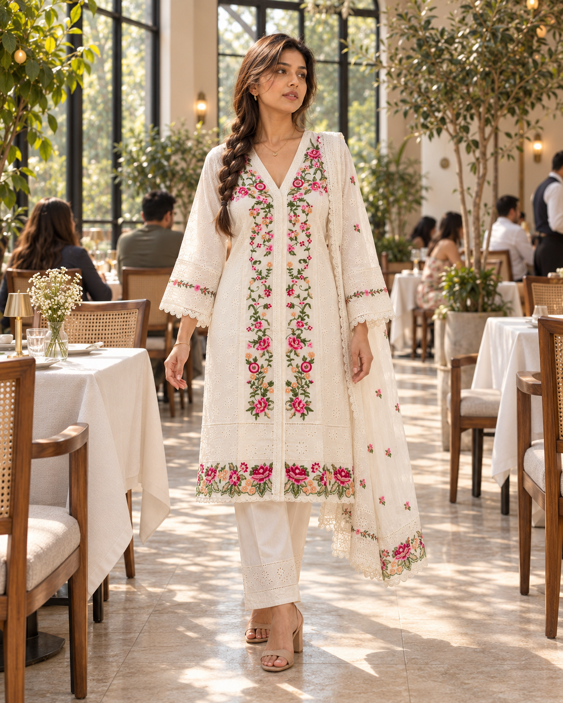 PUSHPJAALI Ivory Floral Embroidered Eyelet Kurta Pant Set with Dupatta for Women - Image 2